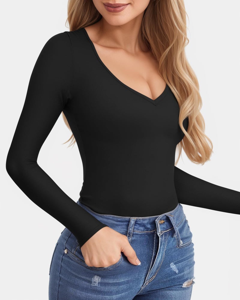 CLOZOZ Long Sleeve Shirts for Women Sexy V Neck Tops Fitted Tight T Shirts Basic Tee - Image 2
